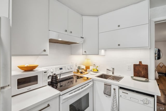 503 Easterby St, Sausalito, CA 94965 - kitchen with under cabinet range hood, white appliances, a sink, light countertops, and backsplash