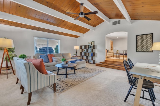168 Bergwall Way, Vallejo, CA 94591 - carpeted living area with arched walkways, ceiling fan, and wooden ceiling
