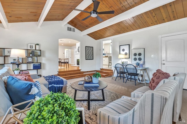 168 Bergwall Way, Vallejo, CA 94591 - carpeted living area featuring arched walkways, a ceiling fan, and wood ceiling