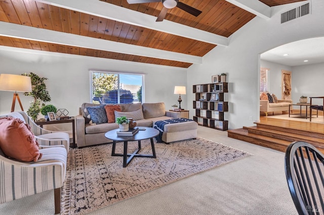 168 Bergwall Way, Vallejo, CA 94591 - living room featuring carpet floors, arched walkways, ceiling fan, and wooden ceiling