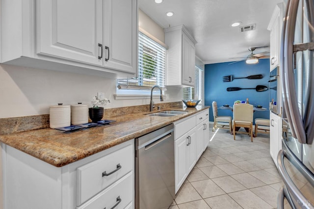 168 Bergwall Way, Vallejo, CA 94591 - kitchen featuring stainless steel appliances, a ceiling fan, white cabinetry, light tile patterned floors, and recessed lighting