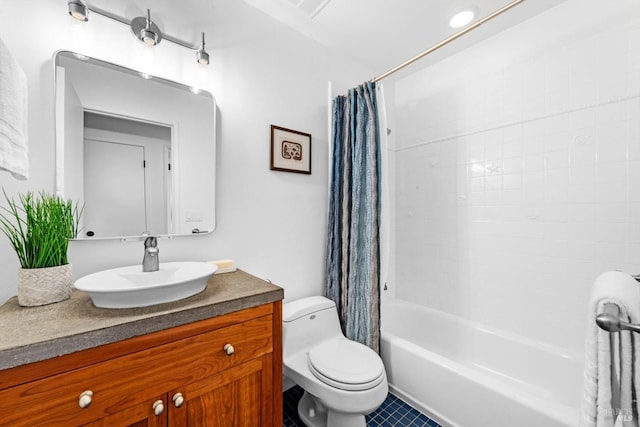1006 Birkdale Dr, Napa, CA 94559 - bathroom featuring toilet, tile patterned floors, shower / bath combination with curtain, and vanity