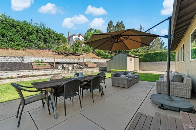 1006 Birkdale Dr, Napa, CA 94559 - view of patio featuring a storage shed, outdoor dining space, an outbuilding, an outdoor living space, and a fenced backyard