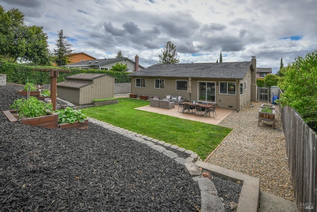 1006 Birkdale Dr, Napa, CA 94559 - back of house featuring a vegetable garden, an outdoor living space, a patio, and a storage shed