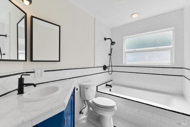 2787 N Fitch Mountain Rd, Healdsburg, CA 95448 - full bathroom with tile walls, toilet, tiled shower / bath combo, vanity, and a wainscoted wall