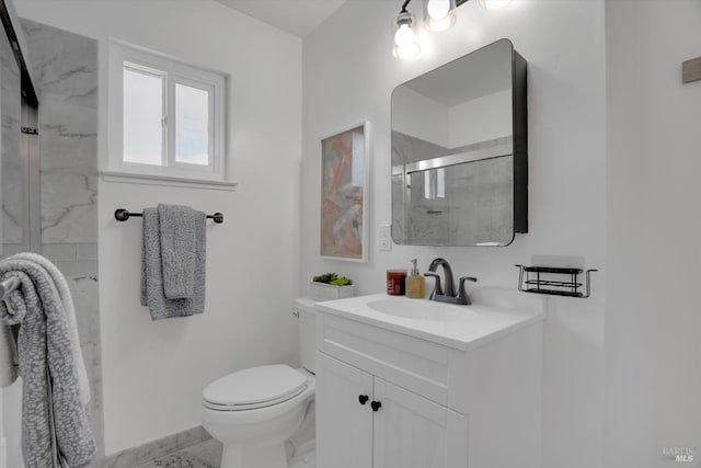 full bath featuring a stall shower, toilet, vanity, marble look tiles, and baseboards