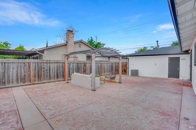 view of patio with a pergola, a fenced backyard, outdoor lounge area, and cooling unit