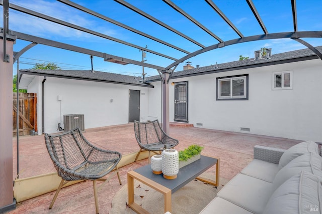 view of patio featuring central AC unit, outdoor lounge area, and a pergola