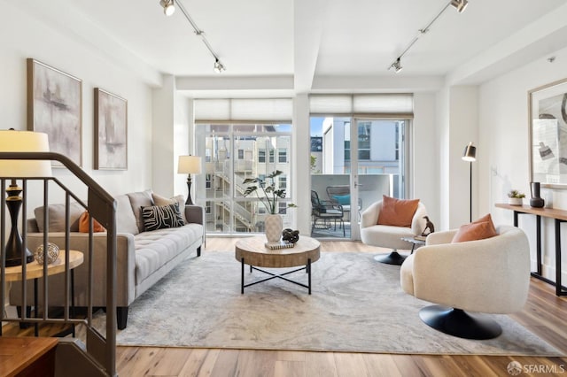 living area featuring track lighting, healthy amount of natural light, and wood finished floors