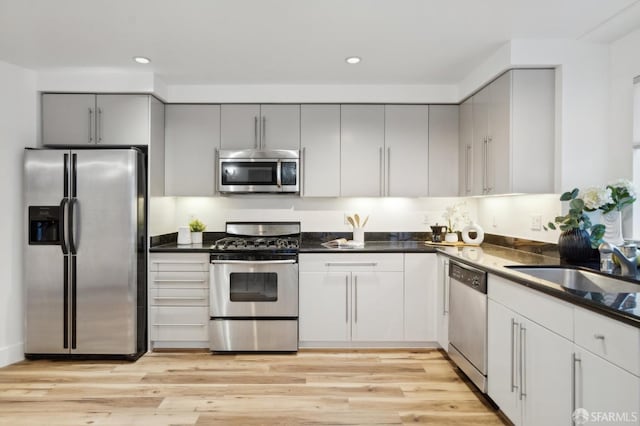 1452 Bush St Unit 9, San Francisco, CA 94109 - kitchen featuring appliances with stainless steel finishes, recessed lighting, dark countertops, light wood-type flooring, and gray cabinets