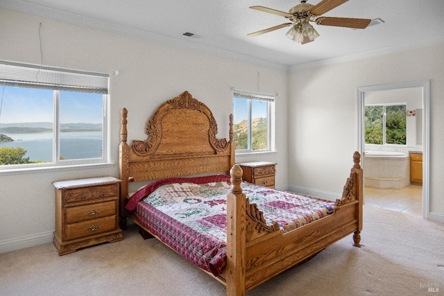 9260 Leila Dr, Glenhaven, CA 95443 - bedroom with multiple windows, light carpet, ornamental molding, baseboards, and connected bathroom