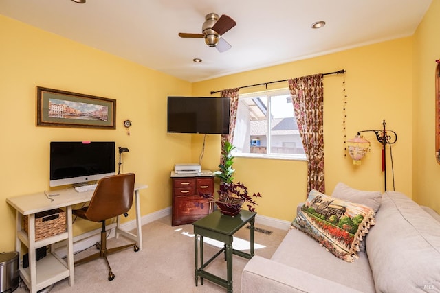 3355 Covey Ct, Napa, CA 94558 - home office with a ceiling fan, baseboards, light colored carpet, and recessed lighting