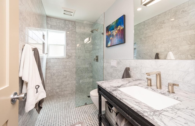 3355 Covey Ct, Napa, CA 94558 - bathroom with tile walls, walk in shower, vanity, and toilet