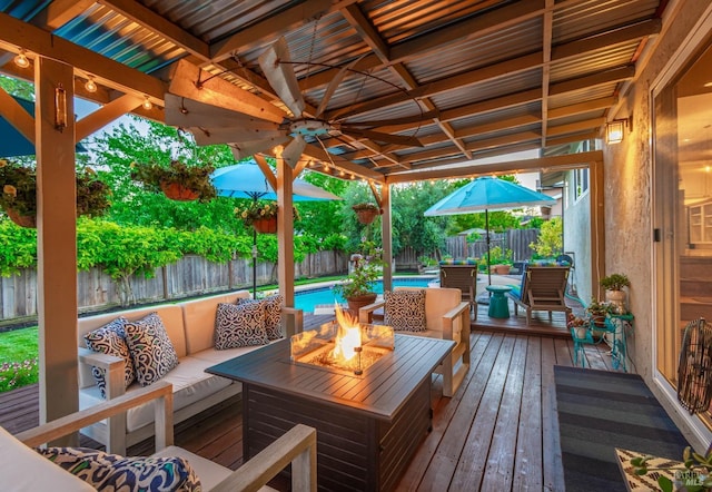 3355 Covey Ct, Napa, CA 94558 - wooden deck with a fenced backyard, an outdoor living space with a fire pit, and outdoor dining space