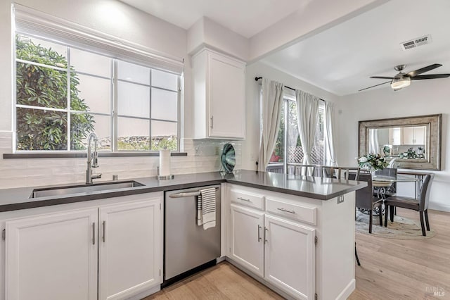 2064 Easton Dr, Petaluma, CA 94952 - kitchen featuring dishwasher, a sink, dark countertops, a peninsula, and tasteful backsplash