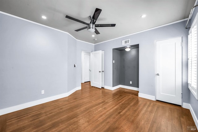 1444 Ohio St, Vallejo, CA 94590 - unfurnished bedroom with baseboards, wood finished floors, crown molding, recessed lighting, and a ceiling fan