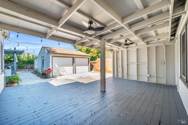 1444 Ohio St, Vallejo, CA 94590 - wooden terrace with an outdoor structure, fence, ceiling fan, and a detached garage