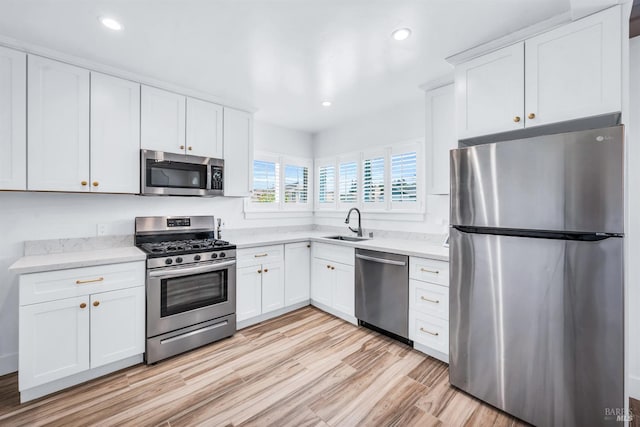1444 Ohio St, Vallejo, CA 94590 - kitchen featuring appliances with stainless steel finishes, white cabinets, a sink, recessed lighting, and light wood finished floors