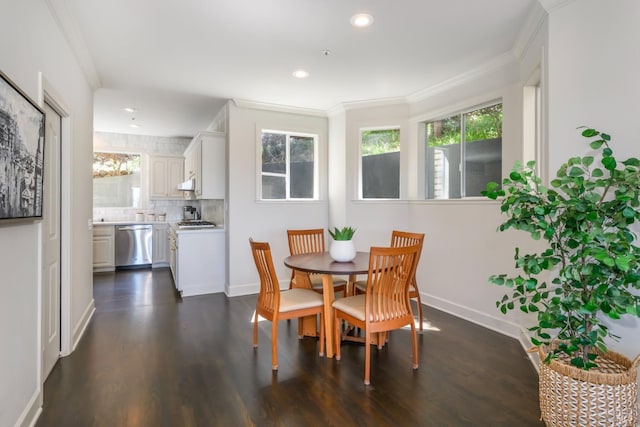 2 Spring Hill Cir, Sausalito, CA 94965 - dining area featuring plenty of natural light, baseboards, dark wood-style flooring, recessed lighting, and ornamental molding