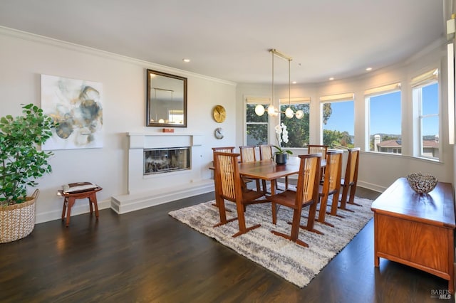 2 Spring Hill Cir, Sausalito, CA 94965 - dining room featuring crown molding, dark wood finished floors, a glass covered fireplace, recessed lighting, and baseboards