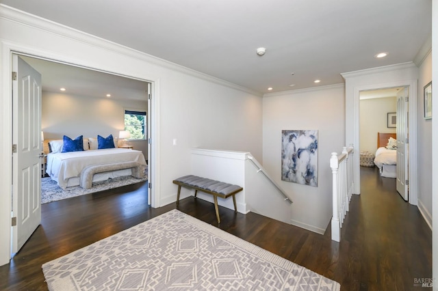 2 Spring Hill Cir, Sausalito, CA 94965 - corridor with an upstairs landing, crown molding, wood finished floors, recessed lighting, and baseboards