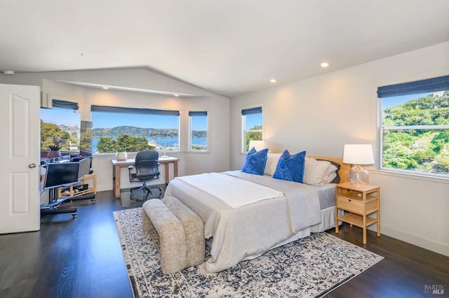 2 Spring Hill Cir, Sausalito, CA 94965 - bedroom with multiple windows, wood finished floors, lofted ceiling, an office area, and recessed lighting