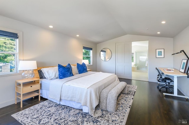 2 Spring Hill Cir, Sausalito, CA 94965 - bedroom featuring wood finished floors, an office area, vaulted ceiling, recessed lighting, and baseboards