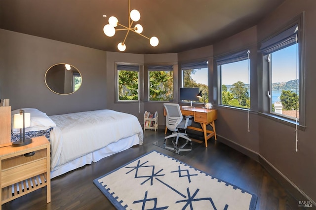 2 Spring Hill Cir, Sausalito, CA 94965 - bedroom with multiple windows, a chandelier, wood finished floors, and baseboards