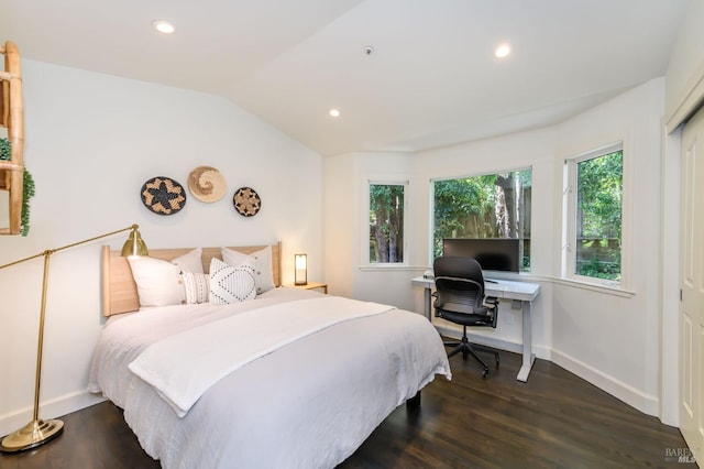 2 Spring Hill Cir, Sausalito, CA 94965 - bedroom with dark wood-style floors, baseboards, recessed lighting, a desk, and vaulted ceiling