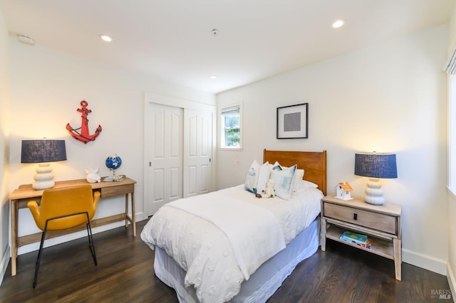 2 Spring Hill Cir, Sausalito, CA 94965 - bedroom with baseboards, a closet, wood finished floors, and recessed lighting