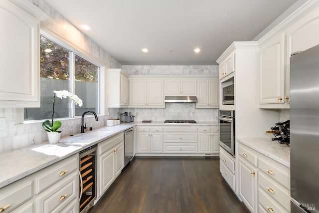 2 Spring Hill Cir, Sausalito, CA 94965 - kitchen with wine cooler, appliances with stainless steel finishes, under cabinet range hood, a sink, and backsplash