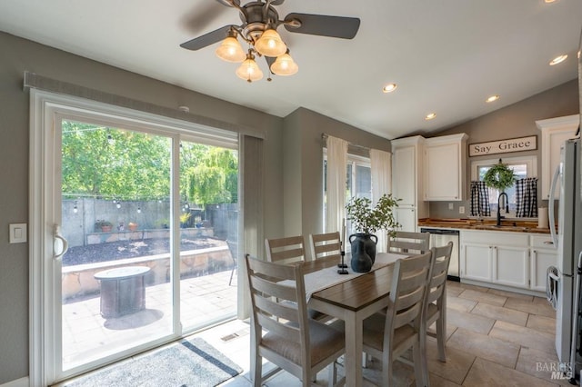 829 Winton Dr, Petaluma, CA 94954 - dining area featuring ceiling fan, lofted ceiling, and recessed lighting