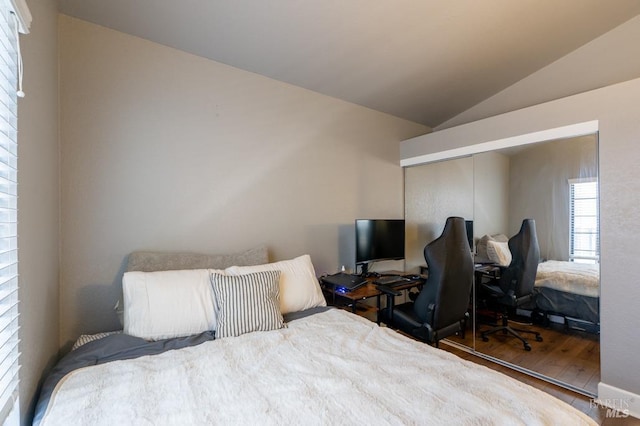 829 Winton Dr, Petaluma, CA 94954 - bedroom with a closet, wood finished floors, and lofted ceiling