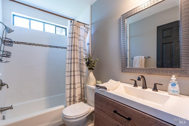 829 Winton Dr, Petaluma, CA 94954 - bathroom with shower / bath combo with shower curtain, toilet, a textured wall, and vanity