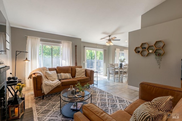 829 Winton Dr, Petaluma, CA 94954 - living room featuring a ceiling fan, light tile patterned floors, and baseboards