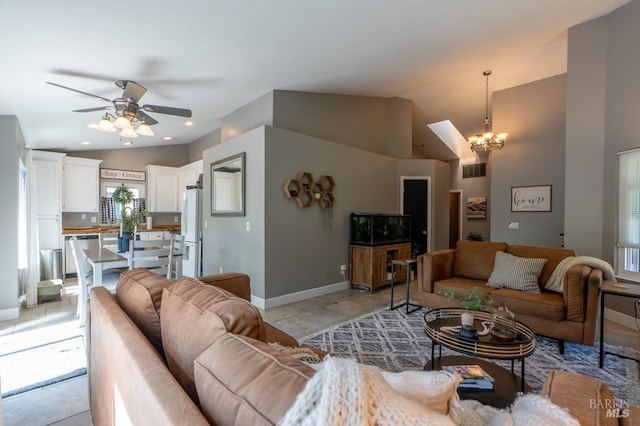 829 Winton Dr, Petaluma, CA 94954 - living area with baseboards, a ceiling fan, a chandelier, and vaulted ceiling