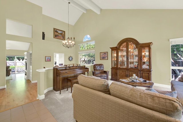 113 Pau Ct, Fairfield, CA 94534 - living room with high vaulted ceiling, a chandelier, beam ceiling, baseboards, and light tile patterned floors