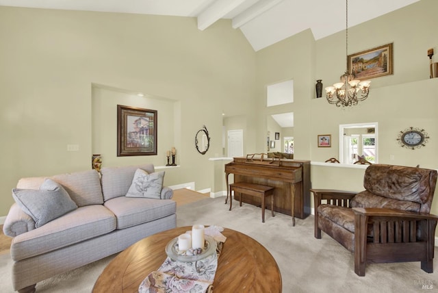 113 Pau Ct, Fairfield, CA 94534 - living area with a chandelier, beamed ceiling, light colored carpet, high vaulted ceiling, and baseboards