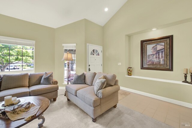 113 Pau Ct, Fairfield, CA 94534 - living room featuring high vaulted ceiling, recessed lighting, baseboards, and light tile patterned floors