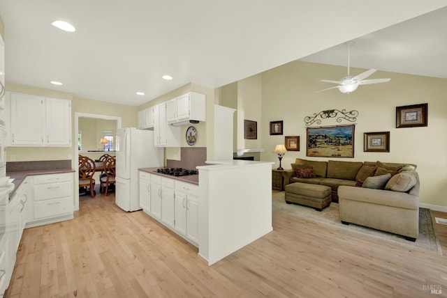 113 Pau Ct, Fairfield, CA 94534 - kitchen with freestanding refrigerator, light wood finished floors, ceiling fan, white cabinetry, and recessed lighting