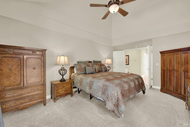 113 Pau Ct, Fairfield, CA 94534 - bedroom featuring light colored carpet, high vaulted ceiling, baseboards, and a ceiling fan