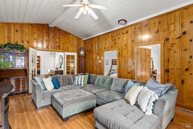 16635 Center Way, Guerneville, CA 95446 - living area featuring wood walls, a ceiling fan, and light wood-style flooring