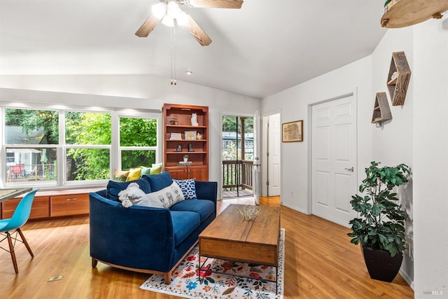 16635 Center Way, Guerneville, CA 95446 - living room featuring lofted ceiling, light wood finished floors, and a ceiling fan