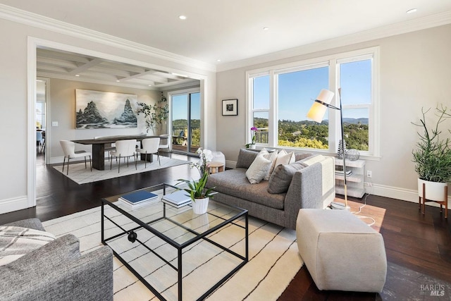 12 Nunes Dr, Novato, CA 94945 - living room with baseboards, wood finished floors, crown molding, recessed lighting, and beam ceiling