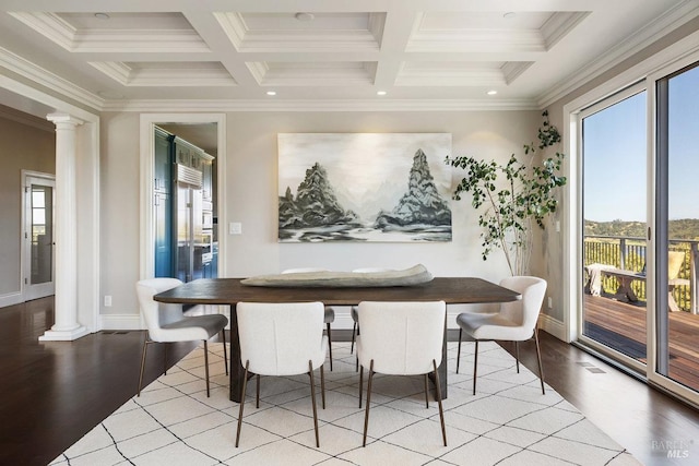 12 Nunes Dr, Novato, CA 94945 - dining space featuring ornate columns, wood finished floors, baseboards, coffered ceiling, and crown molding