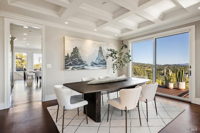12 Nunes Dr, Novato, CA 94945 - dining room featuring beamed ceiling, wood finished floors, coffered ceiling, crown molding, and recessed lighting