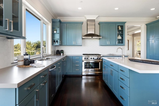 12 Nunes Dr, Novato, CA 94945 - kitchen featuring a sink, stainless steel appliances, wall chimney exhaust hood, open shelves, and recessed lighting