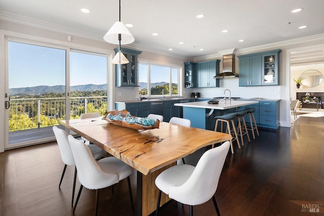 12 Nunes Dr, Novato, CA 94945 - dining area with a mountain view, recessed lighting, dark wood-type flooring, and crown molding