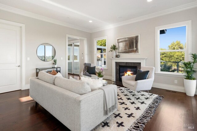 12 Nunes Dr, Novato, CA 94945 - living room featuring a premium fireplace, dark wood-style floors, crown molding, plenty of natural light, and baseboards