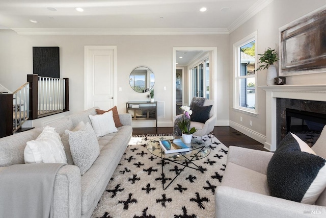 12 Nunes Dr, Novato, CA 94945 - living room featuring dark wood finished floors, crown molding, a premium fireplace, recessed lighting, and baseboards